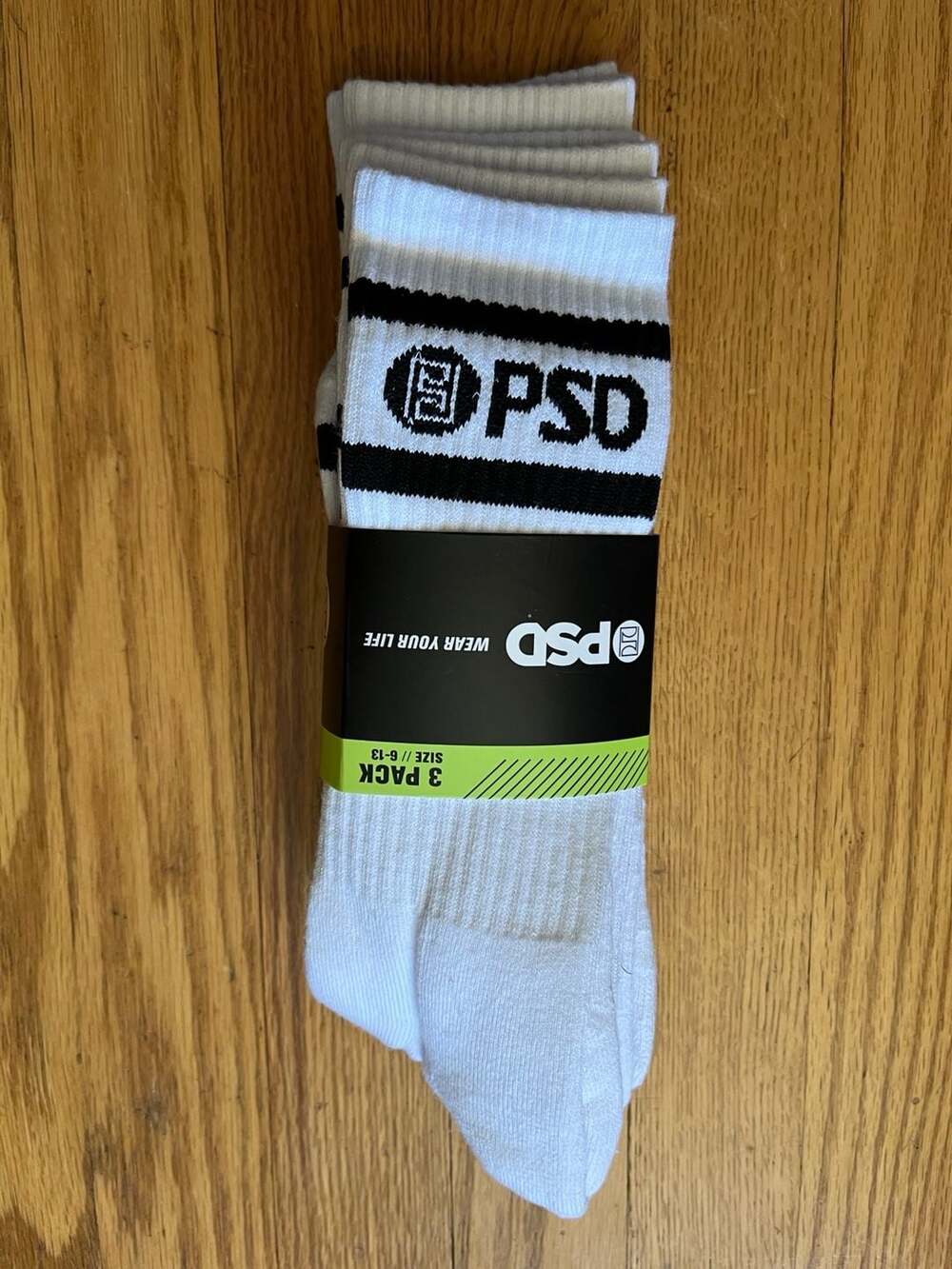 PSD CS Crew Sock 3-Pack White Black Logo Size 6-13